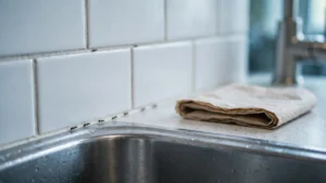 Thin line of tiny dark ants along white tile grout beside a kitchen faucet, with a folded paper towel on the counter