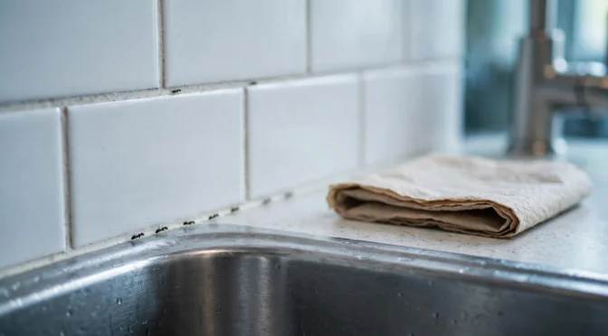 Thin line of tiny dark ants along white tile grout beside a kitchen faucet, with a folded paper towel on the counter