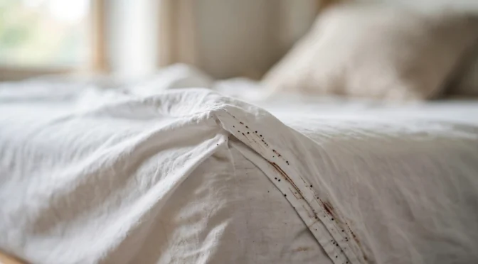 Bed sheet pulled back at a mattress corner, showing tiny dark dots and a rust-brown smear, bed bug marks on sheets
