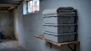 Sealed grey storage bins on a basement shelf in Ohio, which leave fewer hiding places for brown recluse spiders