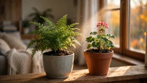Fern and geranium on a sunny windowsill, with a faint cloud of small gnats hovering over damp potting soil.
