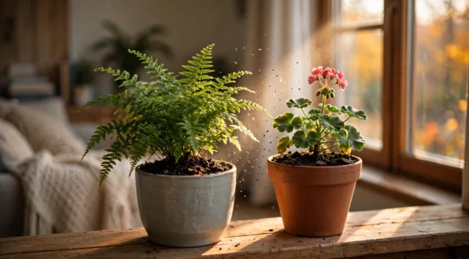Fern and geranium on a sunny windowsill, with a faint cloud of small gnats hovering over damp potting soil.