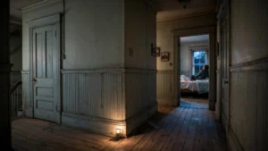 Person at night in an older house hallway, head tilted toward a wall to listen for noise in the walls