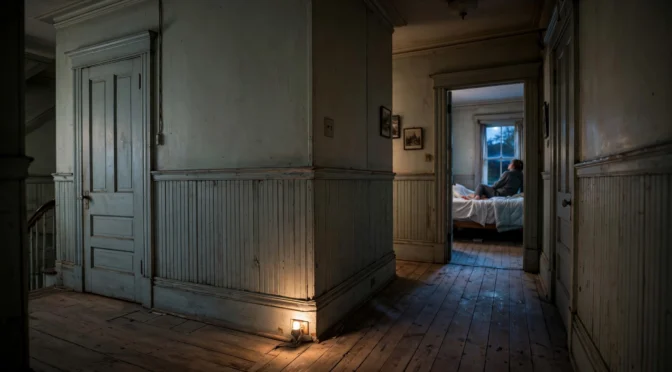 Person at night in an older house hallway, head tilted toward a wall to listen for noise in the walls