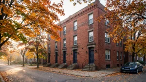 Red-brick apartment building, four doors and maple leaves on the sidewalk, for a pest control landlord guide