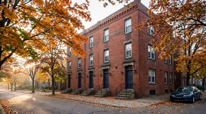 Red-brick apartment building, four doors and maple leaves on the sidewalk, for a pest control landlord guide