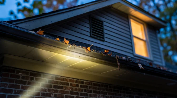 Flashlight on a home's soffit and gable vent at dusk, checking the roofline for openings wasps could use to come inside
