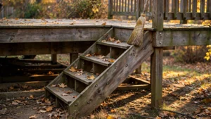 Lower stair stringer of a backyard wooden deck in late October light, checked for signs of termites, with a broom against the