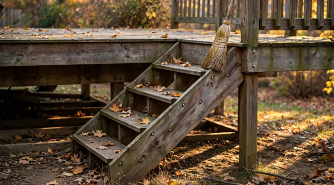 Lower stair stringer of a backyard wooden deck in late October light, checked for signs of termites, with a broom against the